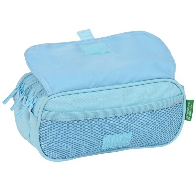 Bolsa de viagem azul clara com múltiplos compartimentos e rede frontal