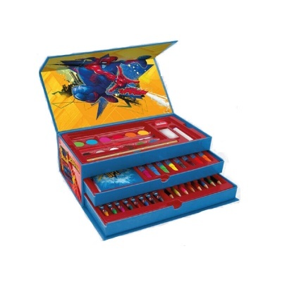 Kit de pintura infantil com personagem de super-herói em caixa azul e vermelha