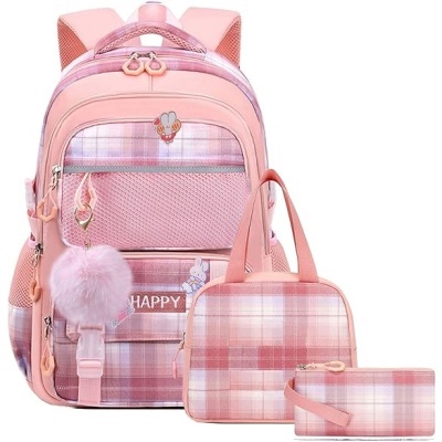 Conjunto mochila rosa xadrez com bolsa de mão e carteira