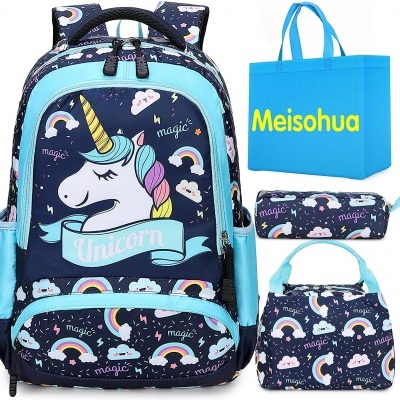 Conjunto mochila azul com unicórnio, estojo, bolsa térmica e saco azul com texto MEISOHUA