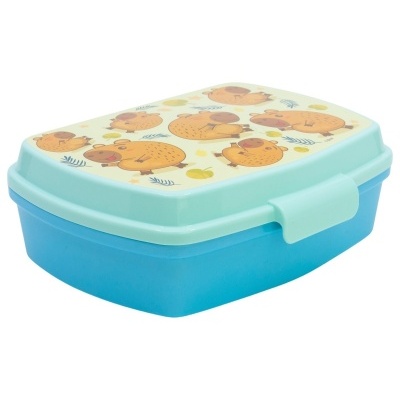 Caixa de lanche azul com tampa verde clara e desenhos de hipopótamos.