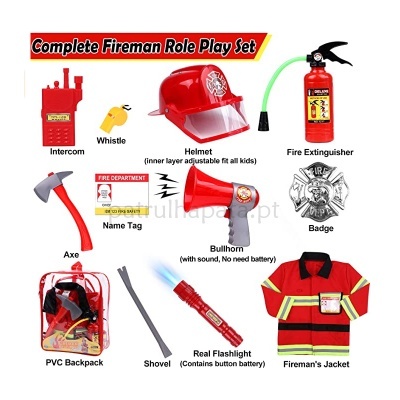 Conjunto de brinquedos para bombeiro com vários acessórios em vermelho e amarelo