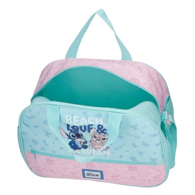 Mala azul clara e rosa com personagens Stitch e Angel e texto temático da praia