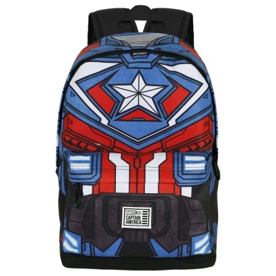 Mochila azul, vermelho e branco com design Captain America