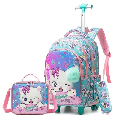 Mochila de carrinho azul com desenho de coelho e lancheira combinando