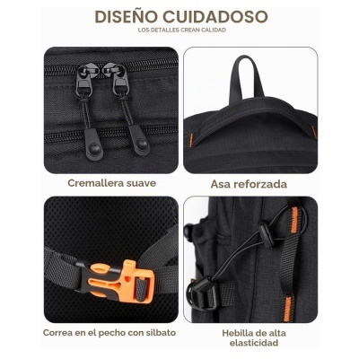 Detalhes de mochila preta com cremalheira, asa, correia com apito e fivela elástica