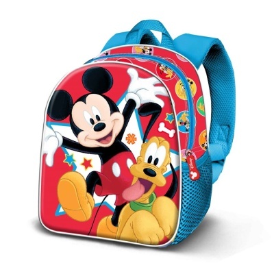 Mochila infantil vermelha com personagens Mickey Mouse e Pluto