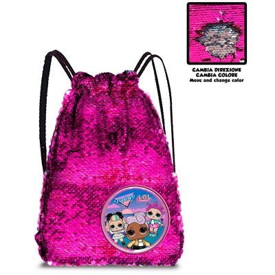 Mochila rosa com lantejoulas e emblema de personagens LOL Surprise.