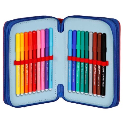 Estojo azul aberto com 16 canetas de feltro coloridas organizadas em elásticos vermelhos