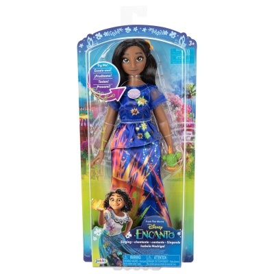 Boneca Isabela Madrigal do filme Disney Encanto com vestido azul e colorido na embalagem
