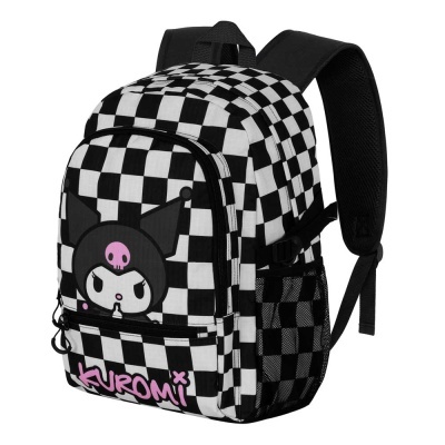 Mochila quadriculada com personagem Kuromi e texto rosa