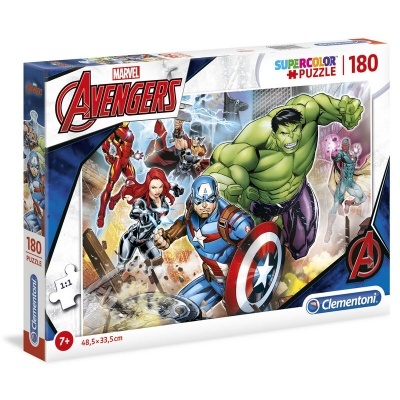 Caixa de puzzle Marvel Avengers com 180 peças, personagens de super-heróis e logo Clementoni