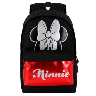Mochila preta com bolso vermelho e desenho da personagem Minnie
