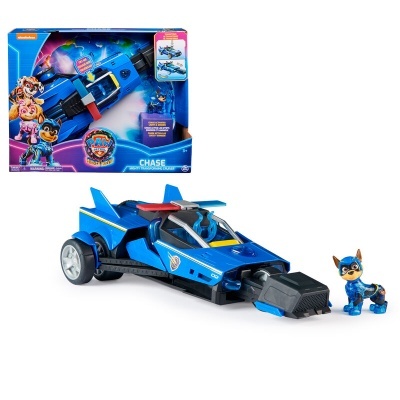 Brinquedo de carro azul com figura canina em embalagem com personagens e texto PAW PATROL