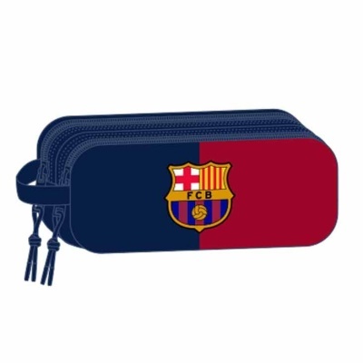 Estojo escolar azul e vermelho com emblema do clube Barcelona