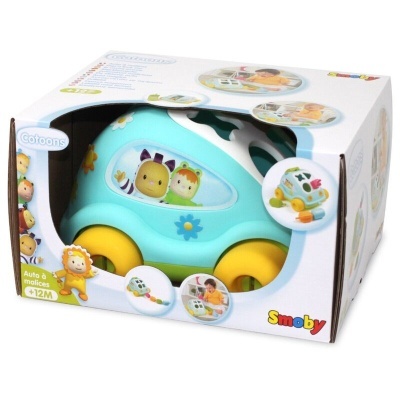 Carro de brinquedo azul em caixa branca com janelas e texto Smoby