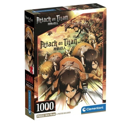 Caixa de quebra-cabeças Attack on Titan com 1000 peças, ilustração de personagens e logo Clementoni