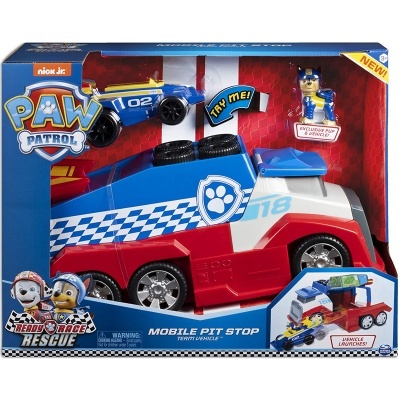 Brinquedo Nick Jr PAW Patrol Mobile Pit Stop azul, branco e vermelho com figura Chase em embalagem