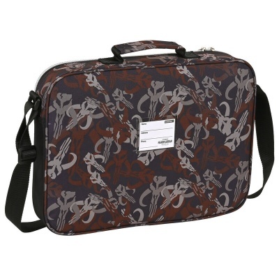 Bolsa floral castanho e cinza com alça preta e etiqueta branca