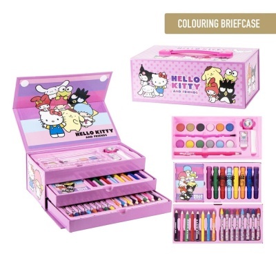 Estojo de pintura cor de rosa Hello Kitty com lápis, canetas, giz de cera e tinta.