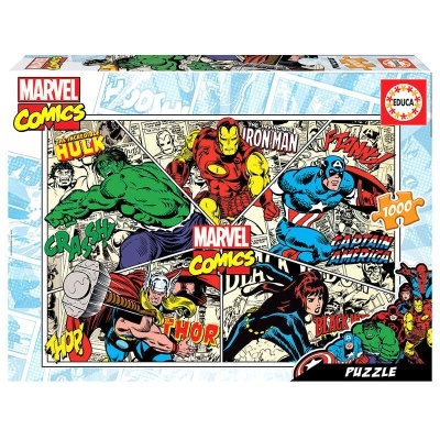Caixa de puzzle Marvel Comics com super-heróis coloridos em estilo cómic.