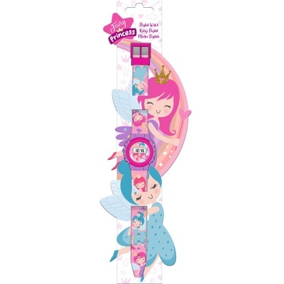 Relógio digital infantil com bracelete rosa e azul decorado com fadas, embalagem branca com estrelas rosas