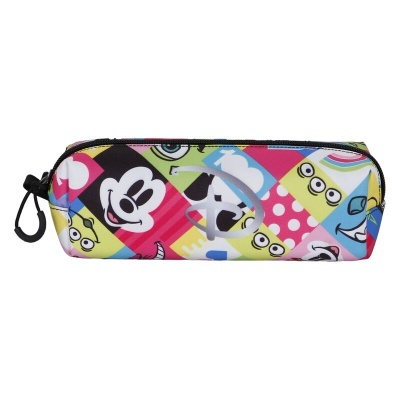 Estojo escolar colorido com personagens animados e fecho com zíper