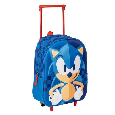 Mala com imagem 3D do personagem Sonic em tecido azul com padrão quadriculado e carrinho vermelho