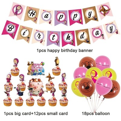 Conjunto de decoração de aniversário com faixa, cartões e balões coloridos com personagens animados
