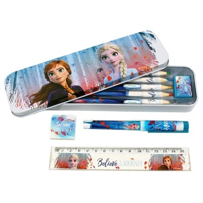 Conjunto escolar Frozen com caixa metálica, lápis, borracha, caneta e régua decorados
