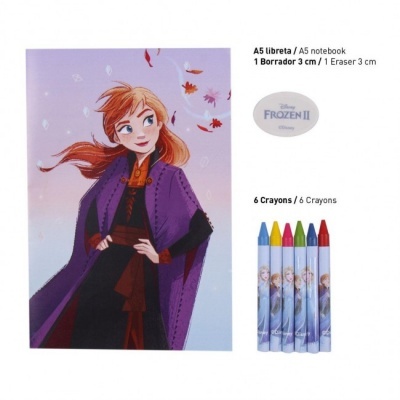 Conjunto escolar com caderno A5, borracha Disney Frozen II e 6 lápis de cor com personagens Frozen.