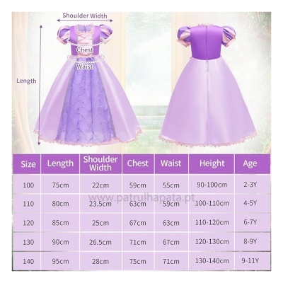 Vestido infantil lilás com mangas bufantes e tabela de tamanhos em português.