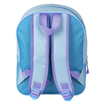 Mochila azul e lilás vista de trás com alças acolchoadas
