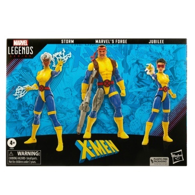 Caixa do conjunto Marvel Legends Series X-Men com figuras Storm, Marvel's Forge e Jubilee em fatos amarelo e azul.