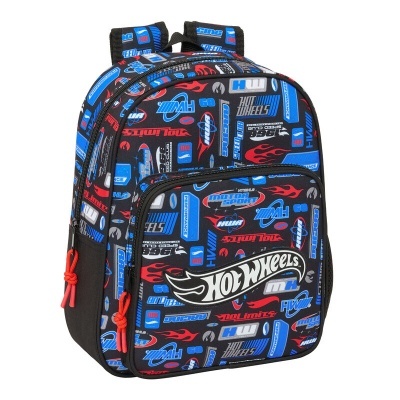 Mochila Hot Wheels preta com padrões azuis e vermelhos