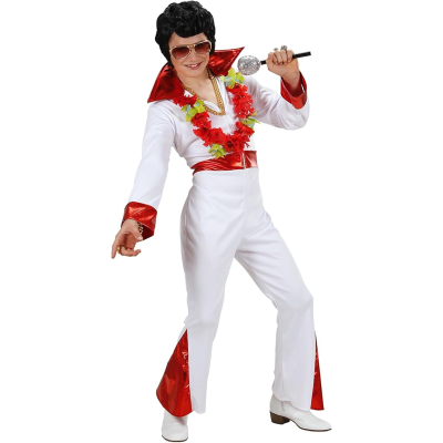 Fato Elvis Presley branco e vermelho com colar de flores e microfone