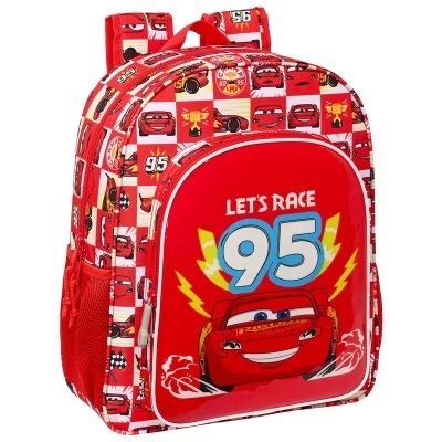Mochila vermelha infantil com personagem Lightning McQueen e texto LET'S RACE 95