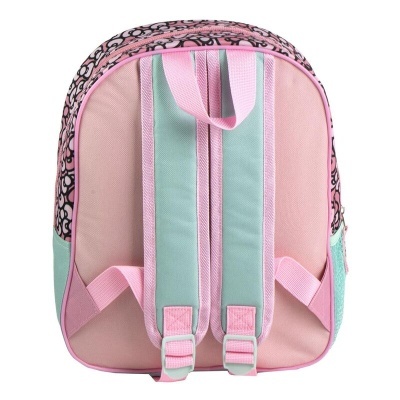 Mochila rosa e verde água vista de trás com padrão preto e rosa na lateral