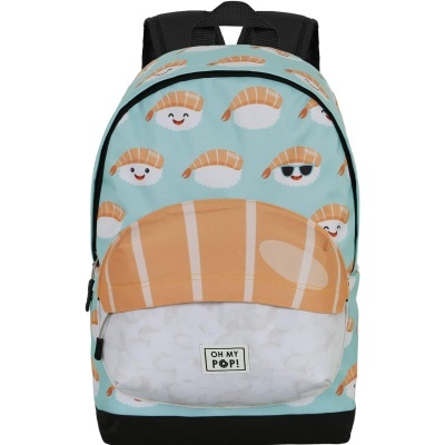 Mochila azul claro com desenhos de sushi nigiri e etiqueta OH MY POP!