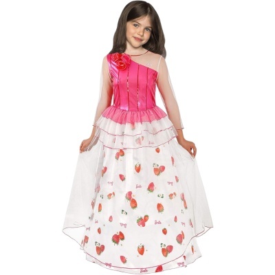 Vestido de menina rosa e branco com padrão de morangos