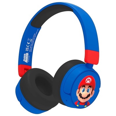 Auriculares azuis com vermelho e imagem do Mario na lateral