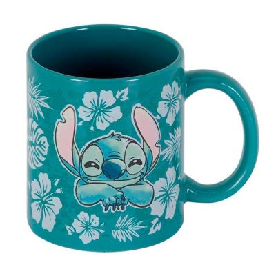 Caneca azul-turquesa com estampa de Stitch e flores brancas