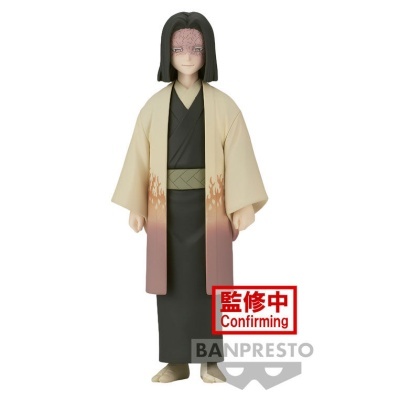 Figura colecionável de personagem de anime com quimono preto e casaco bege com degradê rosa