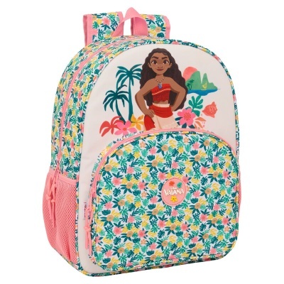 Mochila floral com imagem da personagem Vaiana e alças cor-de-rosa