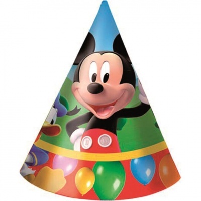 Chapéu de festa cónico com imagem do Mickey Mouse e balões coloridos