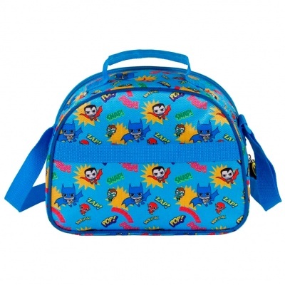 Mala azul com personagens de banda desenhada e onomatopeias coloridas