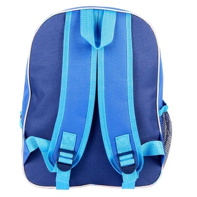 Mochila azul com alças azuis claras vista de trás em fundo branco