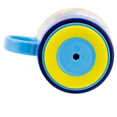 Copo para criança azul e amarelo com pega e padrões coloridos