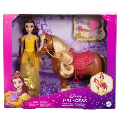 Brinquedo Disney Princess boneca Belle com cavalo e acessórios em embalagem roxa