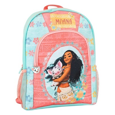 Mochila infantil azul turquesa e rosa com estampa da personagem Moana e porquinho